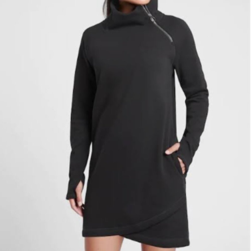Athleta Cozy Karma Dress Size Med Black Asymmetrical Sweatshirt Dress Soft EUC